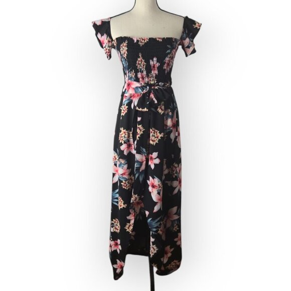 Windsor Tropical Sunsets Black Pink & Blue Floral Print Off Shoulder Maxi Dress - Picture 3 of 8